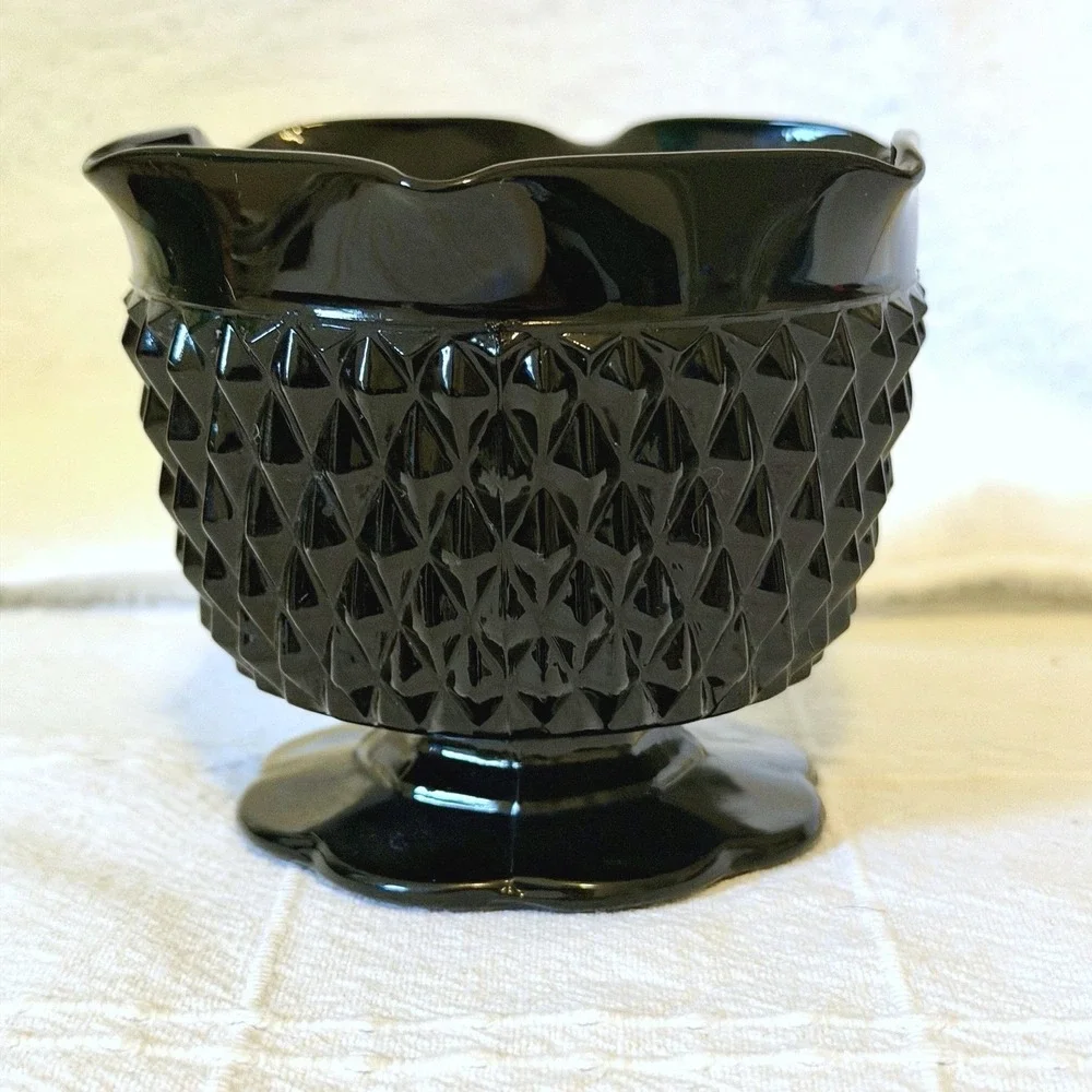 Vintage Indiana Glass Tiara Cameo Black Diamond Point Ruffle Top Candle Holder